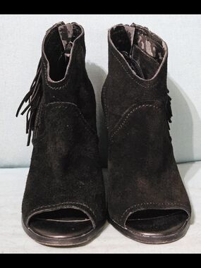 Gianna Bini Black Suede Peep-Toe Fringe Ankle Booties